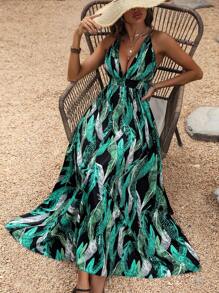 Women'S Feather Print V-Neck Cross Back Strap Long Dress - Multicolor - View 1