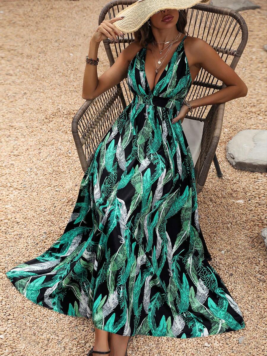 Women'S Feather Print V-Neck Cross Back Strap Long Dress - Multicolor - View 1