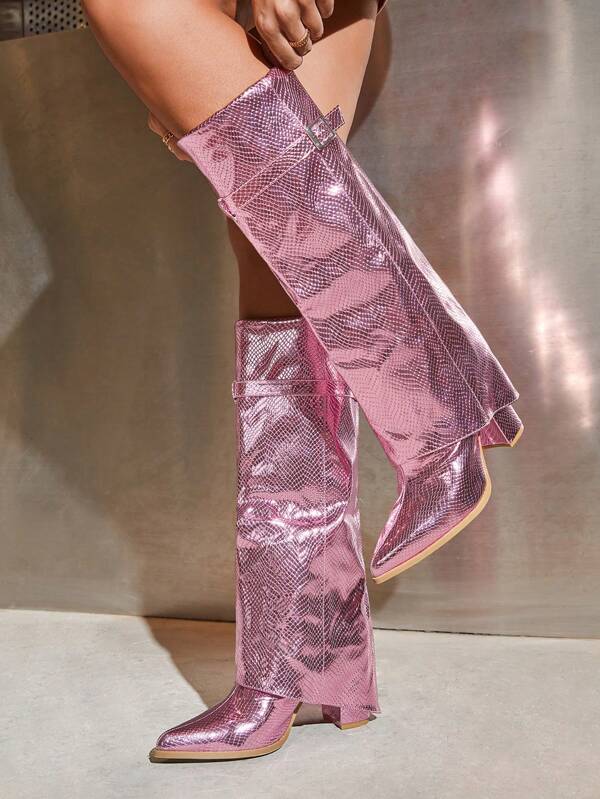 Women Shoes Snakeskin Embossed Point Toe Classic Boots, Glamorous Pink Fashion Boots Valentine's Day