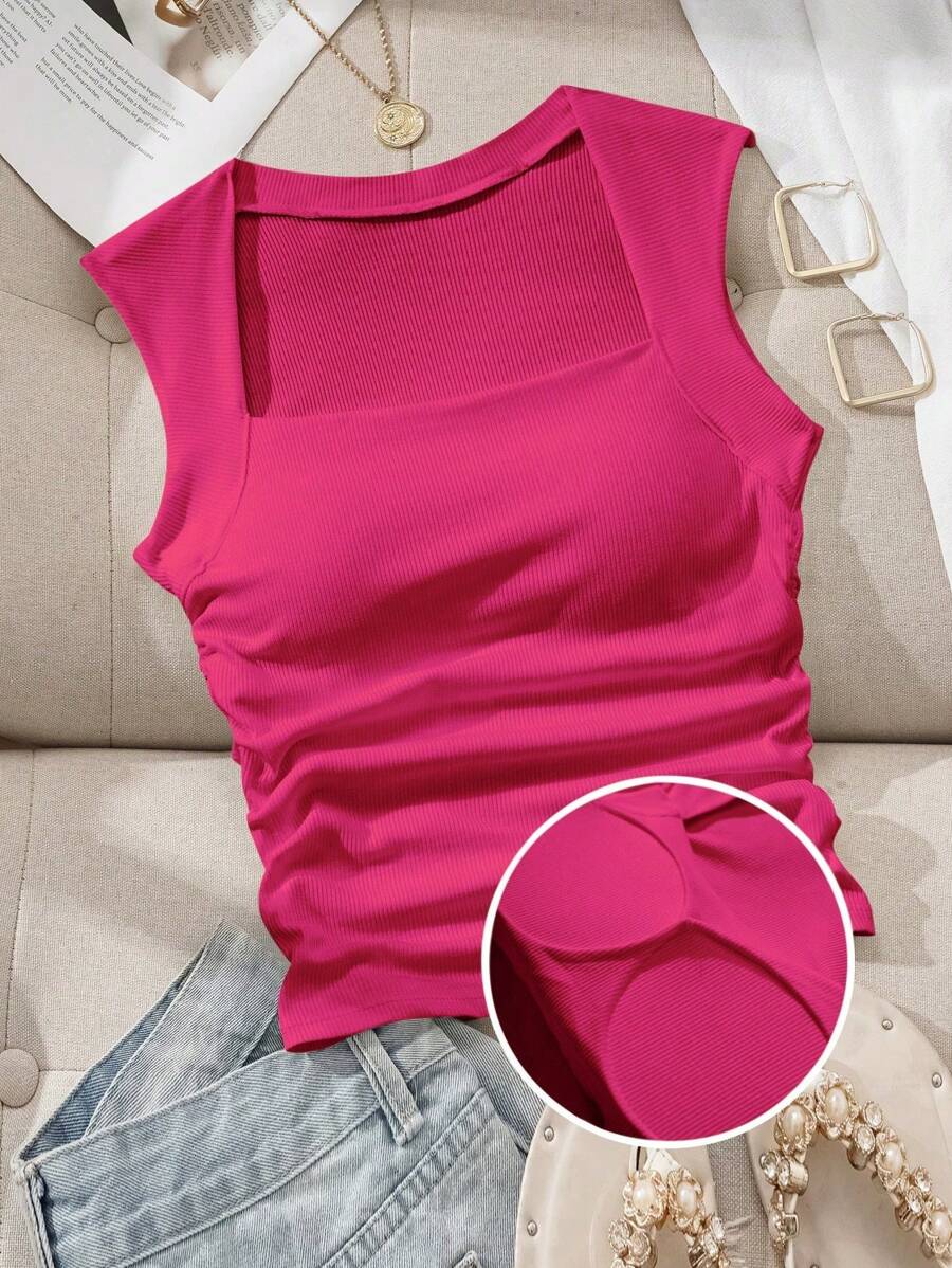 Comfortcana Padded Square Neck Fitted Camisole For Women, Spring/Summer - Hot Pink - View 1