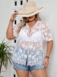 SHEIN VCAY Plus Size Women's Fashionable Sheer Printed Shirt With Lace Trimmed Collar
