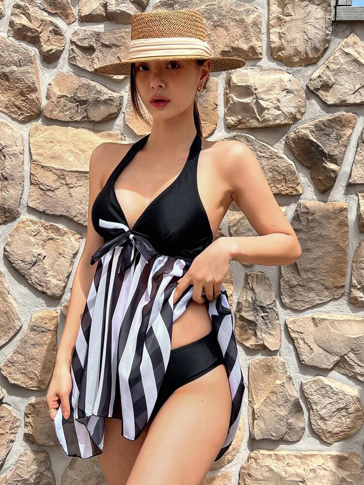 Women One-Piece Mesh Striped Swimsuit, Elegant And Conservative Summer Festival Outfits Vacation Outfits Women Cruise Outfit For Women