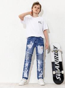 Jeans de moda casual en estilo de calle personalizado con remiendos y detalles desgastados para niño preadolescente - Azul lavado medio - Ver 5