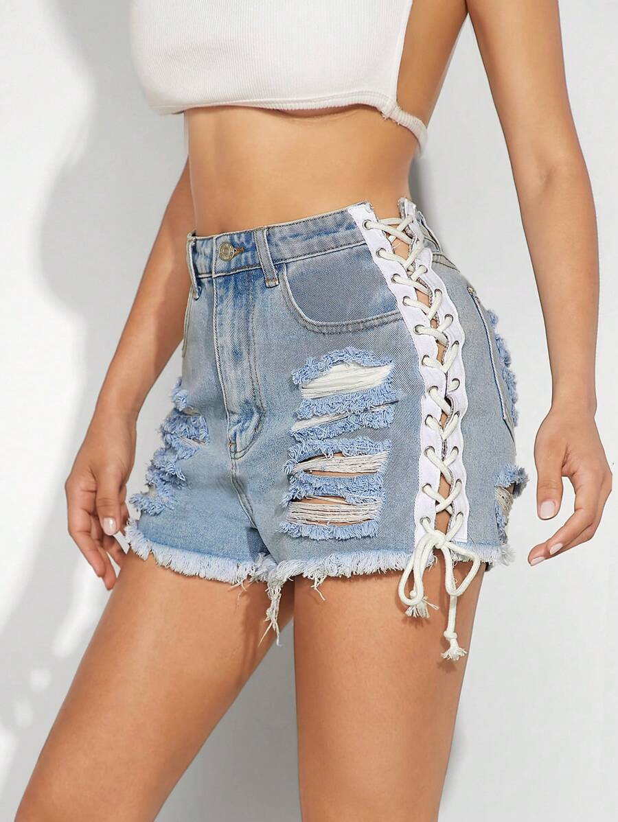 Denimoi Lace Up Side Ripped Slant Pocket Denim Shorts - Light Wash - View 1