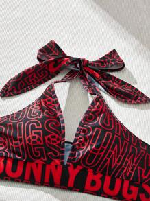 LOONEY TUNES X SHEIN Plus Size Knitted Letter And Cartoon Print Halter Neck Bikini Set, Summer