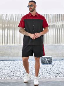 Manfinity Homme Men's Plus Size Summer Color Block Short Sleeve Loose Casual Shirt And Shorts Set - Multicolor - View 7