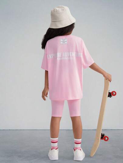 SHEIN Leap Crew Tween Girl Loose Short Sleeve T-Shirt With Letter Print & Shorts Set