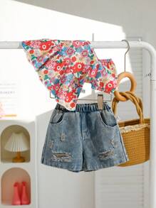 SHEIN 2件套女婴休闲时尚碎花套装，适合春夏外出