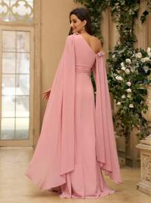 SHEIN Belle 3D Flower, Chiffon, Asymmetrical Neck Bridesmaid Dress With Graceful Sleeves (Heavy Industry) Formal Ball Gown For Women, Elegant Long Sleeve Prom Evening Wedding Guest Dress, For Graduation, Dinner Party Dress