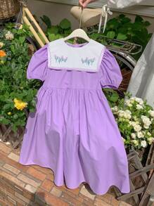 SHEIN Tween Girl Loose Casual Color-Block Embroidered Big Lapel Puff Sleeve Dress