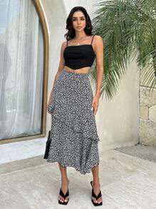 SHEIN Privé Falda asimétrica de mujer para vacaciones con dobladillo de volantes y estampado floral pequeño - Negro - Ver 6
