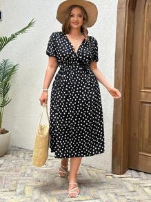 SHEIN Cottnline Plus Size Women's Printed Cinched Waist Puff Sleeve Dress - Black and White - View 5