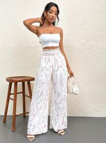 SHEIN Privé Women's Summer Elegant, Floral Printed, Pleated High Waisted Long Pants, Perfect For Daily Wearing, Vacation, Party, Music Festival And Ins