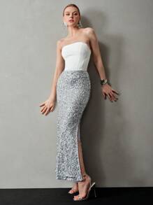 MOTF PREMIUM SOLID SEQUINS SPLIT THIGH SKIRT - Silver - View 7