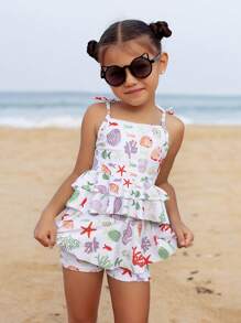 SHEIN Costume da bagno a due pezzi con stampa a conchiglia e balze per ragazze giovani