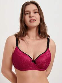 Plus Size Lace Burgundy Bra Elegant Bow Detail Medium Stretch - Burgundy - View 3