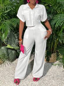 Slaydiva Summer Holiday Loose Fit Short Sleeve Shirt With Collar And Front Pocket, Button Up, And Straight Leg Jumpsuit Set - Z - White - View 7
