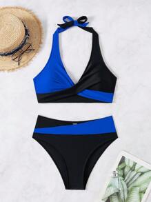 SHEIN Swim 女式拼色領項交叉帶性感比基尼套裝，適用於度假 - 彩色 - 查看 3