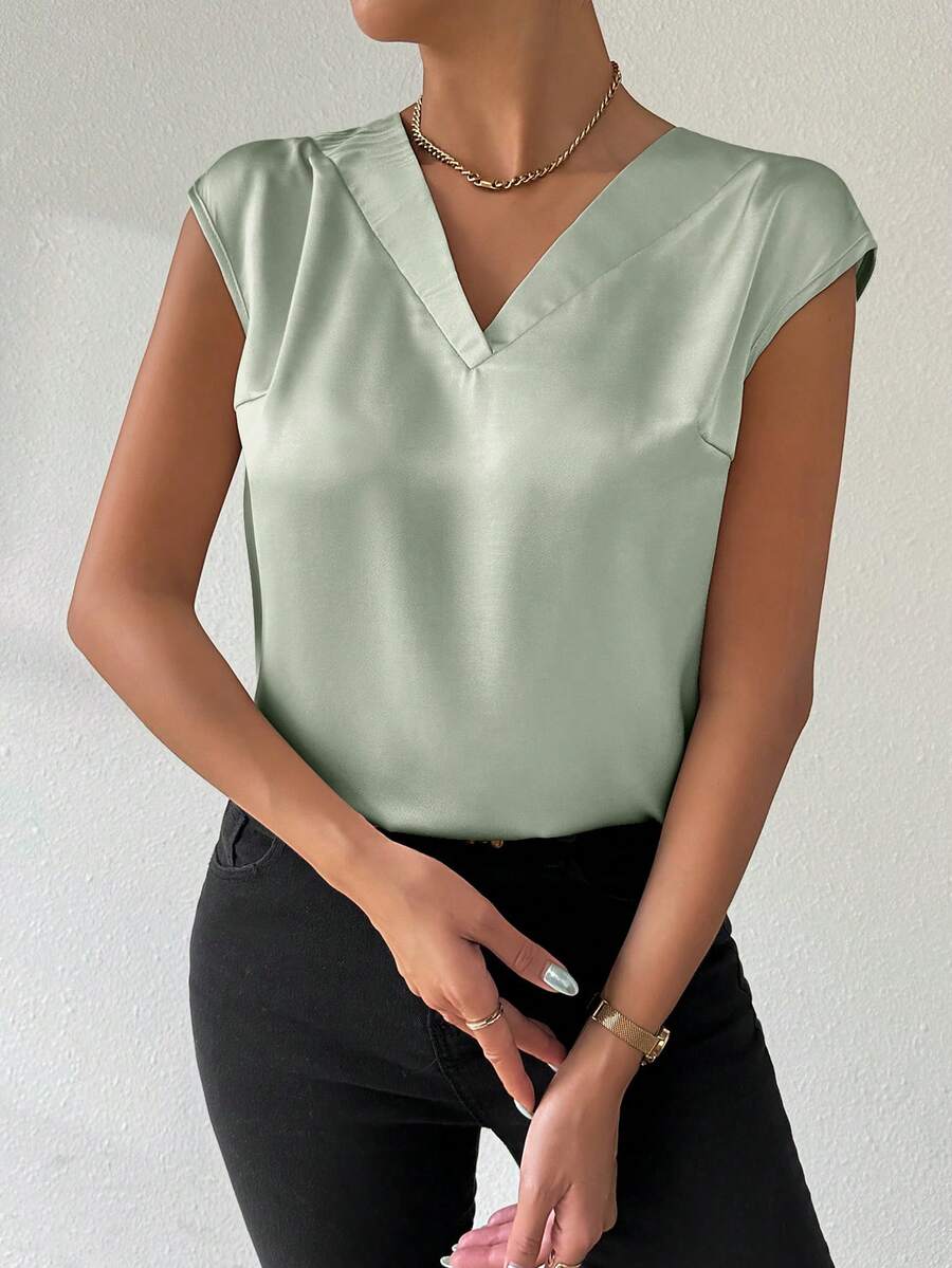 SHEIN Clasi Áo kiểu nữ cổ chữ V không tay màu trơn thời trang - màu xanh lá - Xem 1