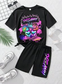 SHEIN Conjunto de camiseta de manga corta con estampado de osito de peluche y pantalones cortos de graffiti informal para niña preadolescente para un look fresco, lindo y de verano - Negro - Ver 3