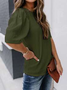 Women's Solid Short Sleeve Blouse Summer Crew Neck Casual Tops Fashion Puffed Sleeve Shirt