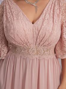 UNITHORSE Plus Size Lace V-Neck Patchwork Ruched Maxi Chiffon Elegant Formal Dress Party Dress Wedding Guest Dress Evening Dress, Bride Dress, Birthday Women Outfits, Graduation Dress,Gown - 藕粉色 - 查看 7