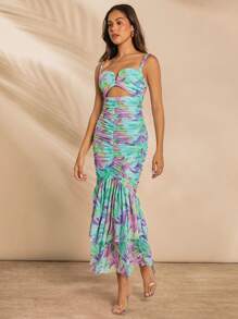 L'Amorae Floral Ruched Mermaid Hem With Cutout Details Dress