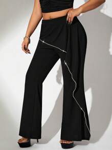 SHEIN ICON Y2k Women's Plus Size Fitted Flared Pants With Chain Trim Detail Decoration Black Pants Rave Festival Concert Summer - Black - View 1