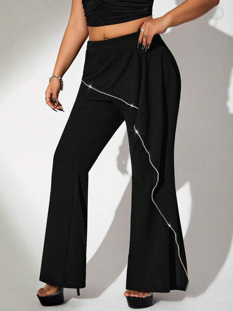 SHEIN ICON Y2k Women's Plus Size Fitted Flared Pants With Chain Trim Detail Decoration Black Pants Rave Festival Concert Summer - Black - View 1