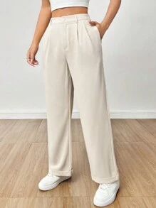 SHEIN PETITE Casual Solid Color Pleated Straight Wide-Leg Pants With Rolled Cuffs