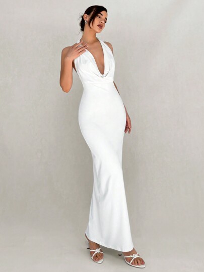 Aloruh Simple And Elegant Draped Neck Backless Long White Dress For Women Ball Party