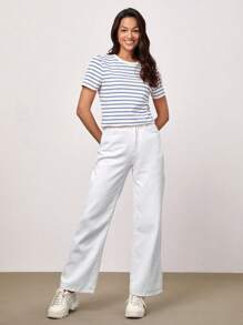 SHEIN BASICS Striped Print Round Neck Casual Tee For Summer
