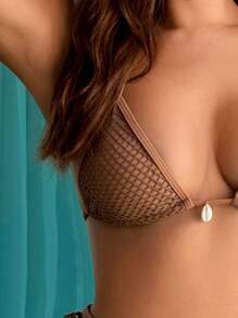 SHEIN Swim Women Summer Beach Shell Detail Halter Neck Bikini Set & Cover Up Skirt - Coffee Brown - View 4