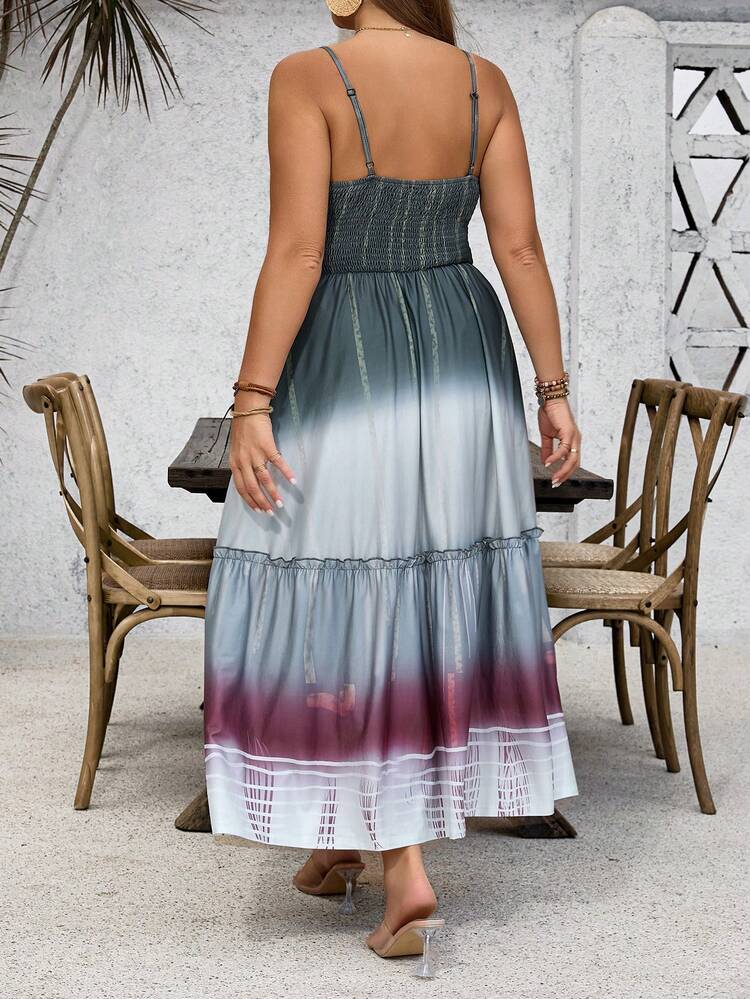 Plus Size Beach Holiday Green Tie Dye Tie-Dye Fringed Belt Women Dress