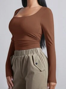 SHEIN BAE 女士夏季實色方領長袖修身T恤 - 鏽棕色 - 查看 3