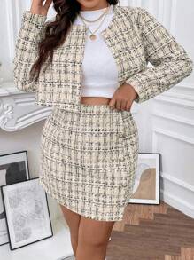 Flirla 大碼格紋印花前紐扣夾克&半身裙