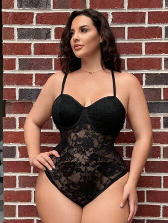 SHEIN SXY Plus Size Lace Bralette Sexy Bodysuit Lingerie