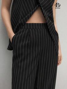 BizChic 女士商务条纹印花圆领无袖交叉裹身衬衫和口袋长裤两件套秋季女装