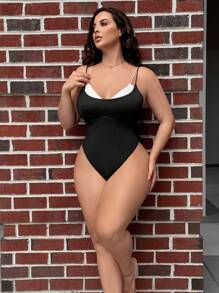 SHEIN SXY Plus 2 In 1 Double Strap High Cut Cami Bodysuit - Black and White - View 3