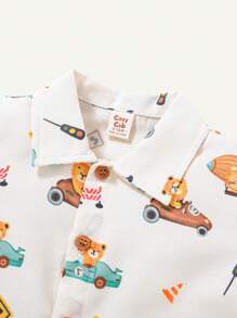 Cozy Pixies Baby Boy Cartoon Animal Pattern Turn-Down Collar Short Sleeve Shirt With Casual Shorts, 2pcs/Set