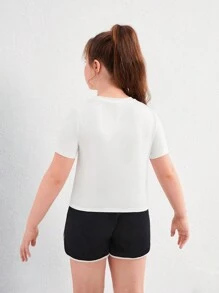 SHEIN Tween Girl Extended Size Casual Sports Short Sleeve Knit Top With Solid Color Round Neckline For Spring/Summer