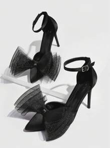 CUCCOO SZL Giày nữ mũi nhọn nơ trang trí gót nhọn quyến rũ màu đen satin quai mắt cá chân giày cao gót cho kỳ nghỉ xuân hè giày giảm giá mùa hè - màu đen - Xem 5