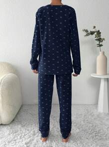 RueChic Heart & Letter Embroidery Flannel PJ Set - Black - View 2