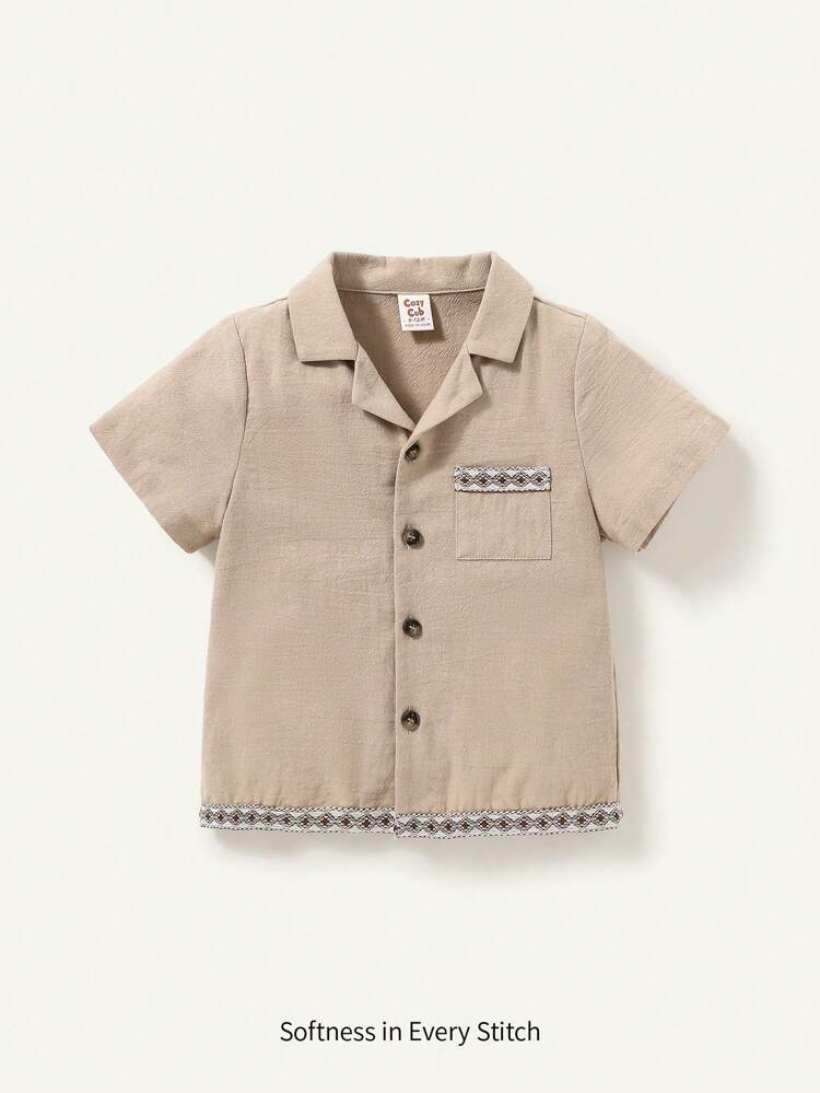 Baby Boy Casual Decorative Weave Ribbon Round Neck Short Sleeved Open Placket Top