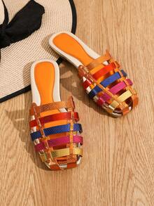 Women Flat Sandals, Color Block Outdoor Breathable Anti-Slip Closed Toe Slip-On Mules, Shiny Metallic Colorblock Snake Skin Pattern Pressed Flat Shoes, Summer Slippers - Multicolor - View 5