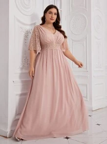 UNITHORSE Plus Size Lace V-Neck Patchwork Ruched Maxi Chiffon Elegant Formal Dress Party Dress Wedding Guest Dress Evening Dress, Bride Dress, Birthday Women Outfits, Graduation Dress,Gown - 藕粉色 - 查看 3
