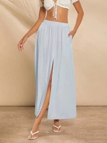 SHEIN Unity Light Blue High-Waisted Maxi Skirt With Front Slit - Blue - View 6