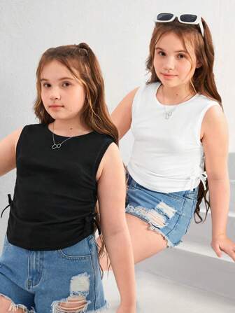 SHEIN Conjunto de 2 tops de punto sólidos de cuello redondo con cordón y drapeado lateral en tallas extendidas para niñas preadolescentes, para vacaciones de primavera/verano