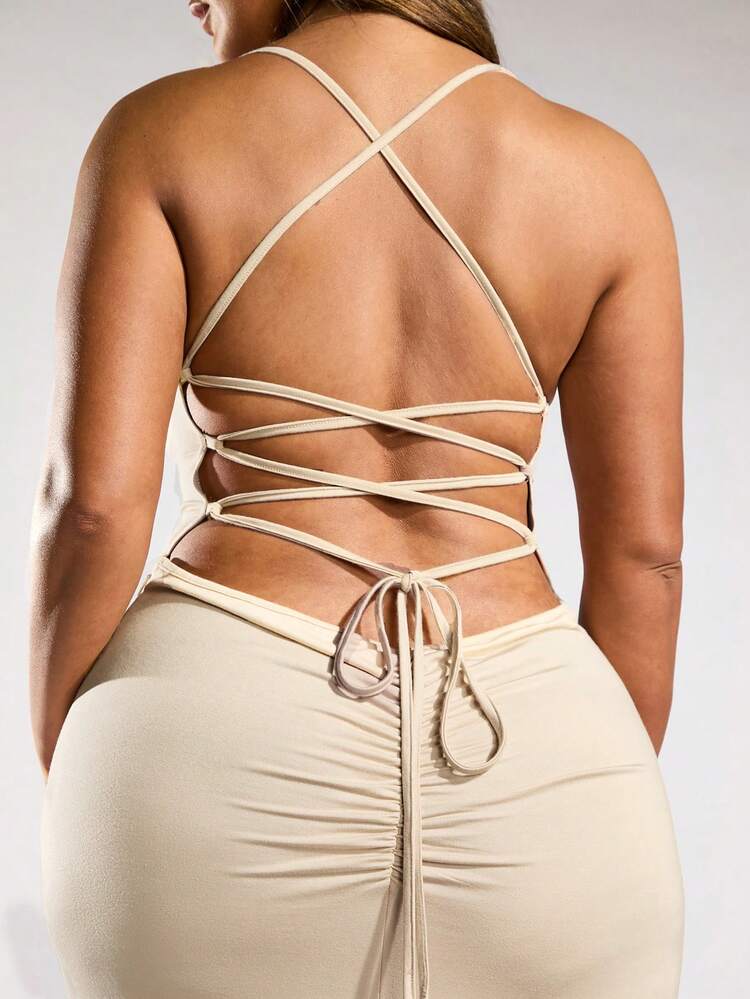 Women's Plus Size Knitted Solid Spaghetti Strap High Slit Backless Dress Lace Detail Dress