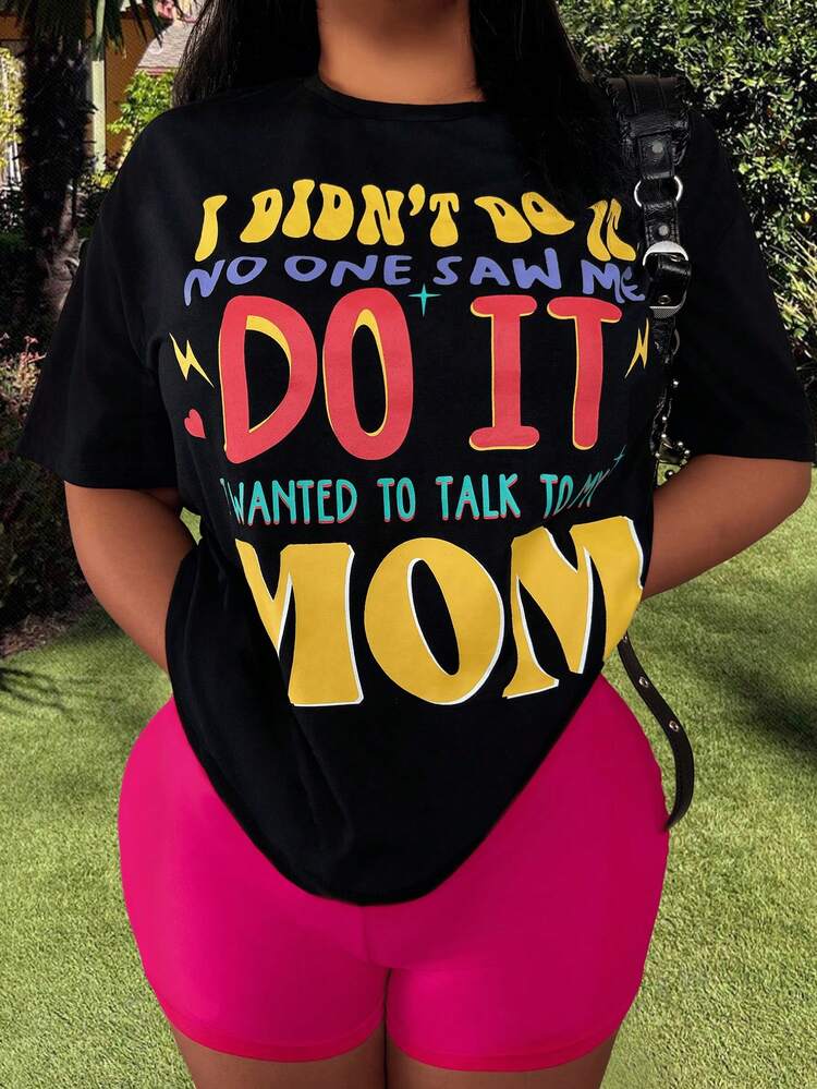 Women Summer Casual Two-Piece Set: Slogan Printed Round Neck Short Sleeve T-Shirt And Shorts  Oversized T-Shirt And Tight Rose-Red Shorts  Summer Short Sleeve Shorts Suit